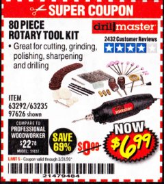 Harbor Freight Coupon 80 PIECE ROTARY TOOL KIT Lot No. 68986/97626/63292/63235 Expired: 3/31/20 - $6.99