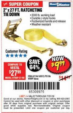 Harbor Freight Coupon 2" x 27 FT. RATCHETING TIE DOWN Lot No. 60689/62134/95106 Expired: 7/31/18 - $9.99