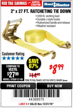 Harbor Freight Coupon 2" x 27 FT. RATCHETING TIE DOWN Lot No. 60689/62134/95106 Expired: 12/31/18 - $8.99