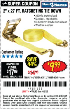 Harbor Freight Coupon 2" x 27 FT. RATCHETING TIE DOWN Lot No. 60689/62134/95106 Expired: 6/30/20 - $9.99