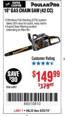 Harbor Freight Coupon POULAN PRO 18" GAS CHAIN SAW (42 CC) Lot No. 60729 Expired: 9/22/19 - $149.99