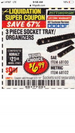 Harbor Freight Coupon PITTSBURGH SAE SOCKET TRAY/ORGANIZER, 3-PIECE Lot No. 68100/68102 Expired: 5/31/19 - $6.99