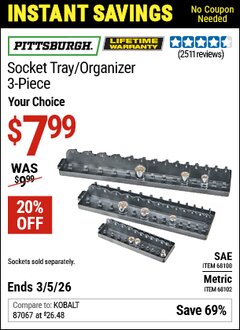Harbor Freight Coupon PITTSBURGH SOCKET TRAY/ORGANIZER, 3-PIECE Lot No. 68102/68100 Valid Thru: 3/5/26 - $7.99