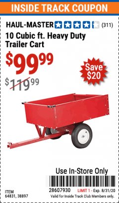 Harbor Freight ITC Coupon 10 CUBIC FT. HEAVY DUTY TRAILER CART Lot No. 38897 Expired: 8/31/20 - $99.99