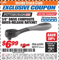 Harbor Freight ITC Coupon 3/8" DRIVE COMPOSITE QUICK-RELEASE RATCHET Lot No. 62290/66313 Expired: 1/31/19 - $6.99