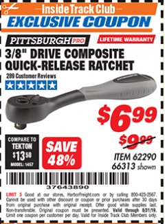 Harbor Freight ITC Coupon 3/8" DRIVE COMPOSITE QUICK-RELEASE RATCHET Lot No. 62290/66313 Expired: 8/31/19 - $6.99