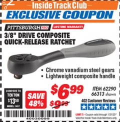 Harbor Freight ITC Coupon 3/8" DRIVE COMPOSITE QUICK-RELEASE RATCHET Lot No. 62290/66313 Expired: 1/31/20 - $6.99
