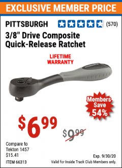 Harbor Freight ITC Coupon 3/8" DRIVE COMPOSITE QUICK-RELEASE RATCHET Lot No. 62290/66313 Expired: 9/30/20 - $6.99