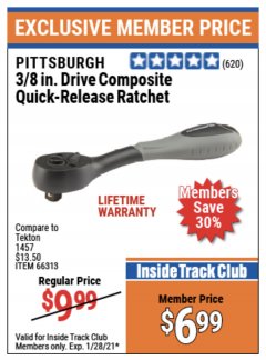 Harbor Freight ITC Coupon 3/8" DRIVE COMPOSITE QUICK-RELEASE RATCHET Lot No. 62290/66313 Expired: 1/28/21 - $6.99