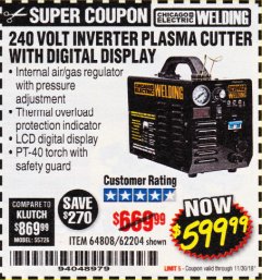 Harbor Freight Coupon 240 VOLT INVERTER PLASMA CUTTER WITH DIGITAL DISPLAY Lot No. 64808 Expired: 11/30/18 - $599.99