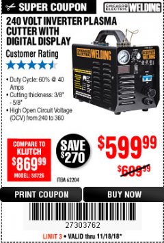 Harbor Freight Coupon 240 VOLT INVERTER PLASMA CUTTER WITH DIGITAL DISPLAY Lot No. 64808 Expired: 11/18/18 - $599.99