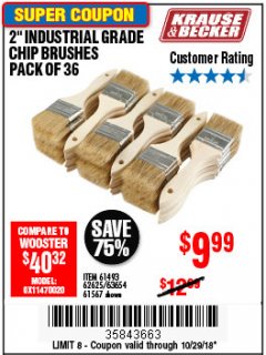 Harbor Freight Coupon 2" INDUSTRIAL GRADE CHIP BRUSHES, PACK OF 36 Lot No. 62625/61493/61567 Expired: 10/29/18 - $9.99
