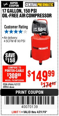 Harbor Freight Coupon 1.8 HP, 17 GALLON, 150 PSI OILLESS AIR COMPRESSOR Lot No. 69666/68066 Expired: 4/21/19 - $149.99