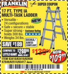 Harbor Freight Coupon 17 FT. TYPE 1A MULTI-TASK LADDER Lot No. 67646/62656/62514/63418/63419/63417 Expired: 11/10/18 - $109.99