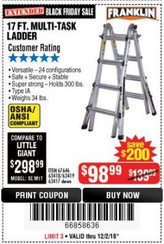 Harbor Freight Coupon 17 FT. TYPE 1A MULTI-TASK LADDER Lot No. 67646/62656/62514/63418/63419/63417 Expired: 12/2/18 - $98.99