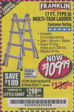 Harbor Freight Coupon 17 FT. TYPE 1A MULTI-TASK LADDER Lot No. 67646/62656/62514/63418/63419/63417 Expired: 4/13/19 - $109.99