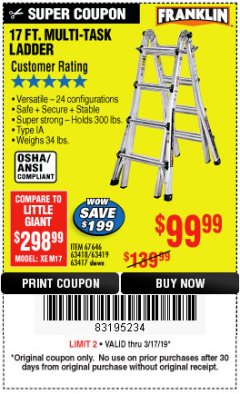 Harbor Freight Coupon 17 FT. TYPE 1A MULTI-TASK LADDER Lot No. 67646/62656/62514/63418/63419/63417 Expired: 3/17/19 - $99.99