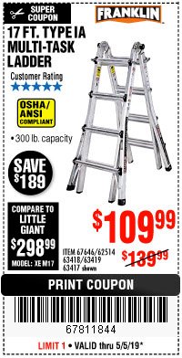 Harbor Freight Coupon 17 FT. TYPE 1A MULTI-TASK LADDER Lot No. 67646/62656/62514/63418/63419/63417 Expired: 5/5/19 - $109.99