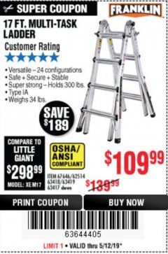 Harbor Freight Coupon 17 FT. TYPE 1A MULTI-TASK LADDER Lot No. 67646/62656/62514/63418/63419/63417 Expired: 5/12/19 - $109.99
