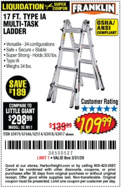 Harbor Freight Coupon 17 FT. TYPE 1A MULTI-TASK LADDER Lot No. 67646/62656/62514/63418/63419/63417 Expired: 3/31/20 - $109.99