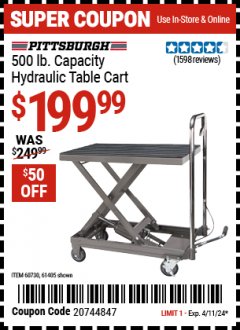 Harbor Freight Coupon 500 LB. CAPACITY HYDRAULIC TABLE CART Lot No. 60730/61405/94822 Expired: 4/11/24 - $199.99