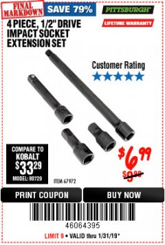 Harbor Freight Coupon 4 PIECE 1/2" DRIVE IMPACT EXTENSION SET Lot No. 67972 Expired: 1/31/19 - $6.99