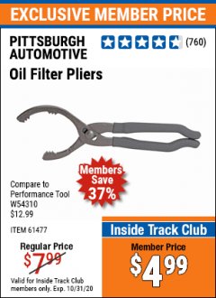 Harbor Freight ITC Coupon PITTSBURGH OIL FILTER PLIERS Lot No. 61477/63666 Expired: 10/31/20 - $4.99