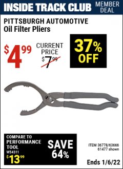 Harbor Freight ITC Coupon PITTSBURGH OIL FILTER PLIERS Lot No. 61477/63666 Expired: 1/6/22 - $4.99