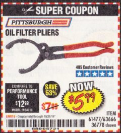 Harbor Freight Coupon PITTSBURGH OIL FILTER PLIERS Lot No. 61477/63666 Expired: 10/31/19 - $5.99