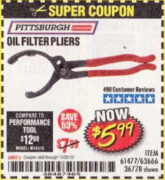 Harbor Freight Coupon OIL FILTER PLIERS Lot No. 61477/36778 Expired: 11/30/19 - $5.99