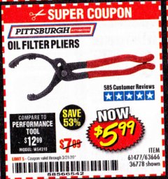 Harbor Freight Coupon PITTSBURGH OIL FILTER PLIERS Lot No. 61477/63666 Expired: 3/31/20 - $5.99