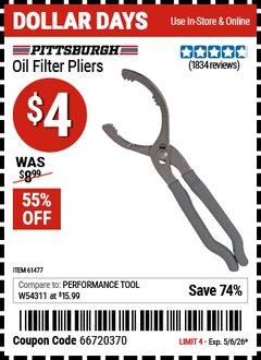 Harbor Freight Coupon PITTSBURGH OIL FILTER PLIERS Lot No. 61477/63666 Valid Thru: 5/6/26 - $4