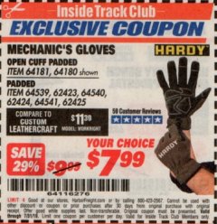 Harbor Freight ITC Coupon HARDY PADDED MECHANIC'S GLOVES Lot No. 64539/62424/64540/62425/64541/62423 Expired: 7/31/19 - $7.99