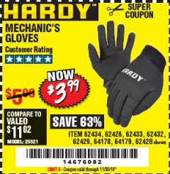 Harbor Freight Coupon MECHANIC'S GLOVES Lot No. 62434/62426/62433/62432/62429/64178/64179/62428 Expired: 11/30/18 - $3.99