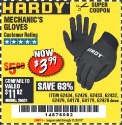 Harbor Freight Coupon MECHANIC'S GLOVES Lot No. 62434/62426/62433/62432/62429/64178/64179/62428 Expired: 11/30/18 - $3.99