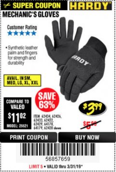 Harbor Freight Coupon MECHANIC'S GLOVES Lot No. 62434/62426/62433/62432/62429/64178/64179/62428 Expired: 3/31/19 - $3.99