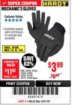 Harbor Freight Coupon MECHANIC'S GLOVES Lot No. 62434/62426/62433/62432/62429/64178/64179/62428 Expired: 3/31/19 - $3.99