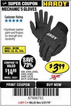 Harbor Freight Coupon MECHANIC'S GLOVES Lot No. 62434/62426/62433/62432/62429/64178/64179/62428 Expired: 5/31/19 - $3.99
