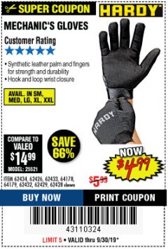 Harbor Freight Coupon MECHANIC'S GLOVES Lot No. 62434/62426/62433/62432/62429/64178/64179/62428 Expired: 9/30/19 - $4.99