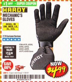 Harbor Freight Coupon MECHANIC'S GLOVES Lot No. 62434/62426/62433/62432/62429/64178/64179/62428 Expired: 11/30/19 - $4.99