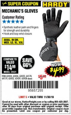 Harbor Freight Coupon MECHANIC'S GLOVES Lot No. 62434/62426/62433/62432/62429/64178/64179/62428 Expired: 11/30/19 - $4.99