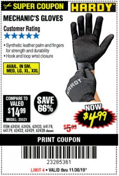 Harbor Freight Coupon MECHANIC'S GLOVES Lot No. 62434/62426/62433/62432/62429/64178/64179/62428 Expired: 11/30/19 - $4.99