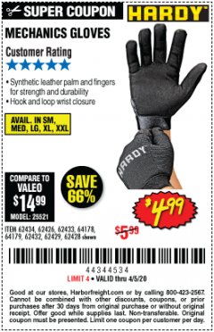 Harbor Freight Coupon MECHANIC'S GLOVES Lot No. 62434/62426/62433/62432/62429/64178/64179/62428 Expired: 6/30/20 - $4.99