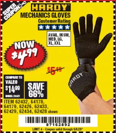 Harbor Freight Coupon MECHANIC'S GLOVES Lot No. 62434/62426/62433/62432/62429/64178/64179/62428 Expired: 6/30/20 - $4.99