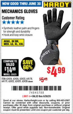 Harbor Freight Coupon MECHANIC'S GLOVES Lot No. 62434/62426/62433/62432/62429/64178/64179/62428 Expired: 6/30/20 - $4.99