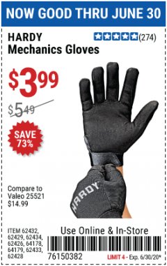 Harbor Freight Coupon MECHANIC'S GLOVES Lot No. 62434/62426/62433/62432/62429/64178/64179/62428 Expired: 6/30/20 - $3.99