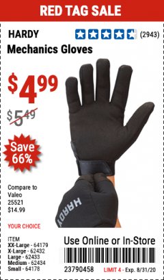 Harbor Freight Coupon MECHANIC'S GLOVES Lot No. 62434/62426/62433/62432/62429/64178/64179/62428 Expired: 8/31/20 - $4.99