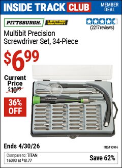 Harbor Freight Coupon PITTSBURGH MULTIBIT PRECISION SCREWDRIVER SET, 34-PIECE Lot No. 93916 Valid: 12/31/69 - 4/30/26 - $6.99