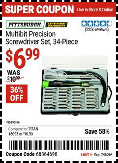Harbor Freight Coupon PITTSBURGH MULTIBIT PRECISION SCREWDRIVER SET, 34-PIECE Lot No. 93916 EXPIRES: 7/5/26 - $6.99