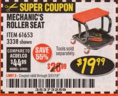 Harbor Freight Coupon MECHANIC'S ROLLER SEAT Lot No. 3338/61653 Expired: 3/31/19 - $19.99